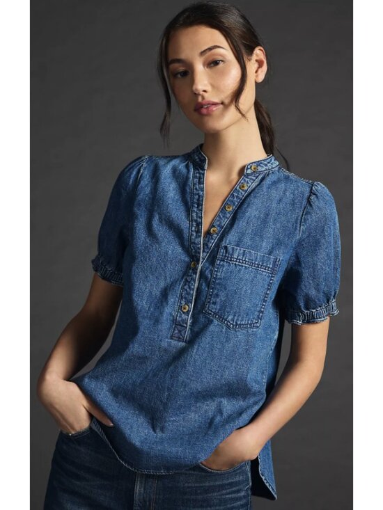 Anthropologie Tops - ANTHROPOLOGIE PILCRO Aly Denim Puff-Sleeve Blouse Top Medium Preppy Casual